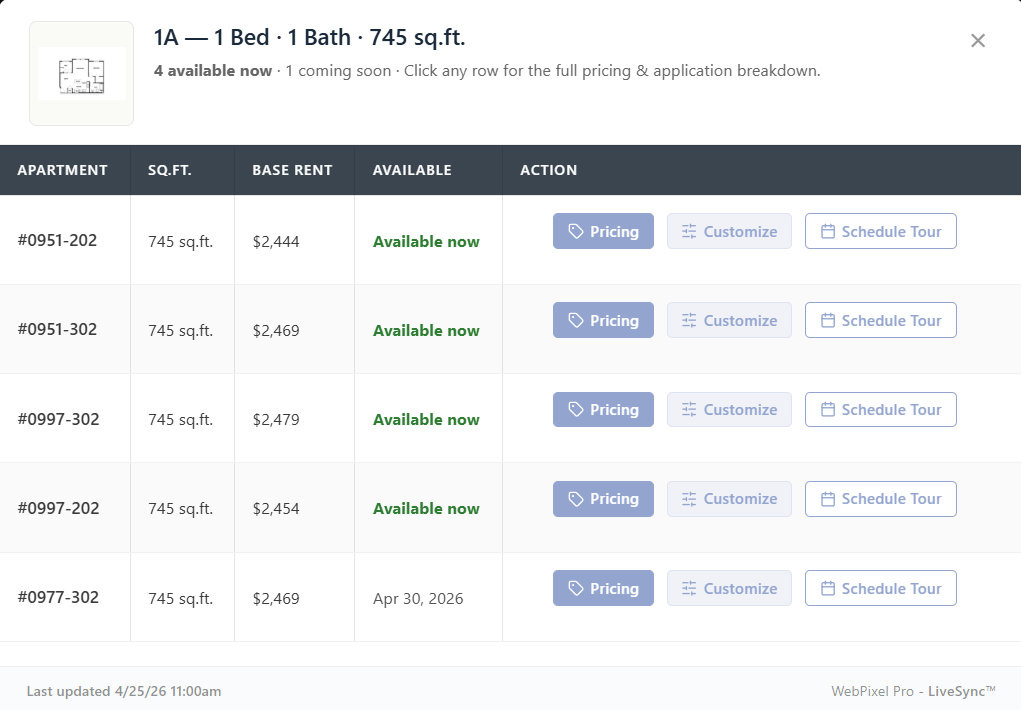 Live floor-plan unit list with real-time pricing and availability