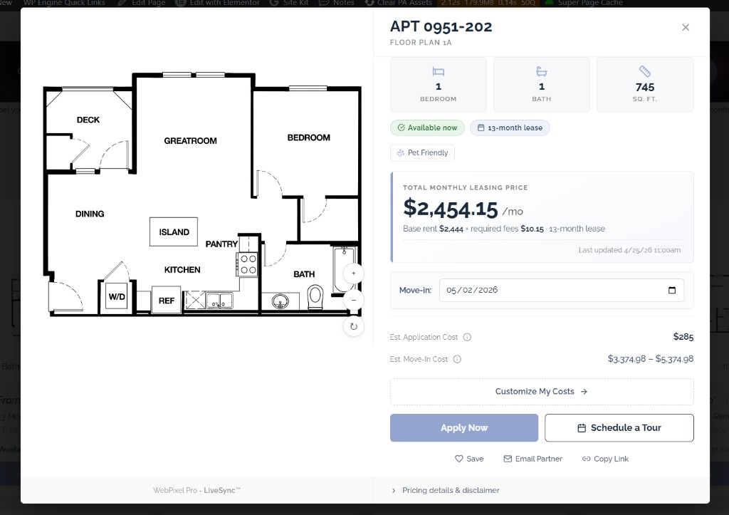 Apartment detail with floor plan, true total monthly leasing price, and apply CTA