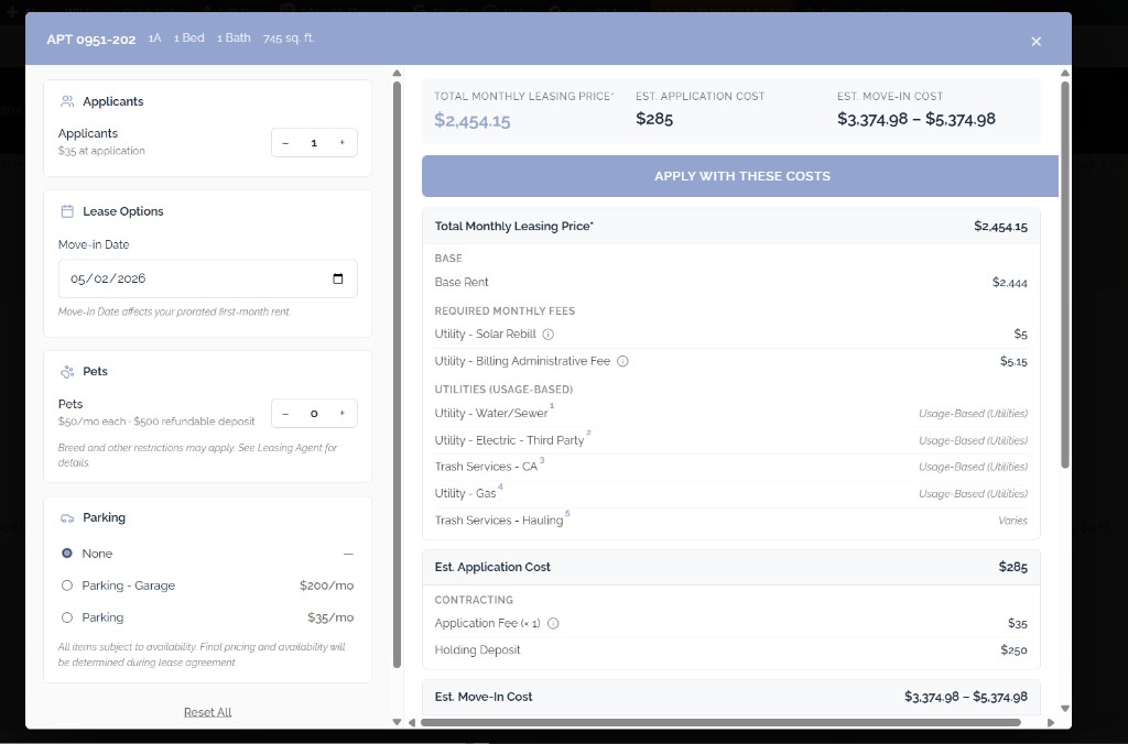 Cost customizer letting prospects model applicants, lease term, pets, and parking