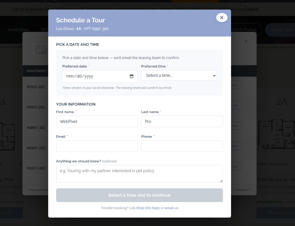 Schedule a tour modal with date, time slot, contact information, and notes